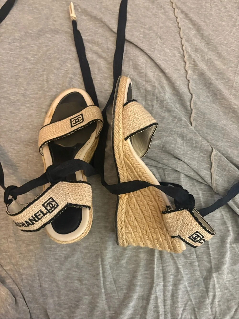 CHANEL Beige and Black Espadrille Lace-Up Sandals
